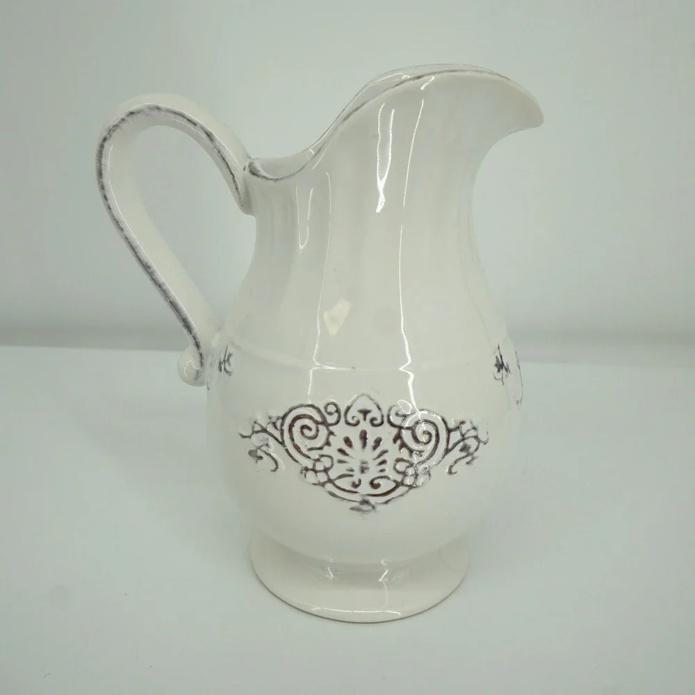 Ceramic Pitcher White Purple Filigree Farmhouse Decor Vase
